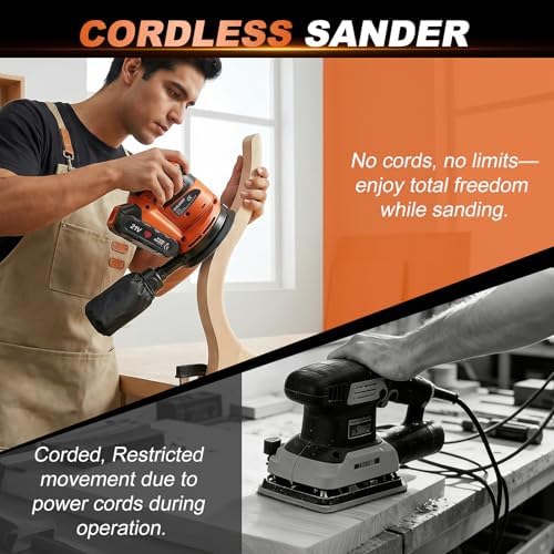 5-Inch Cordless Random Orbital Sander, Battery-Powered Palm Sander with 3 Variable Speeds, 8000–13000 RPM, Battery, 10 Sanding Discs and Dust Collection Box for Woodworking and Furniture