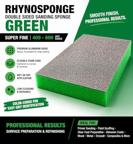 Indasa Rhyno Double Sided Sanding Sponge Pads – Aluminum Oxide, 4.75" x 3.75" x 1/2" – Flexible Foam Sanding Block (100 Pack) (Green (400–600 Grit))