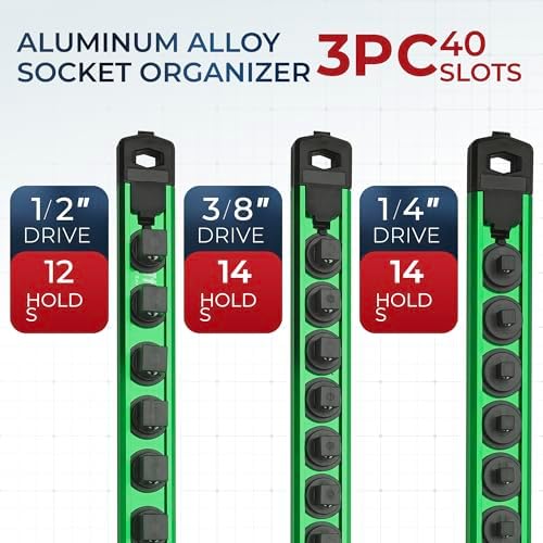 Reniteco Magnetic Socket Organizer Set, 3-Piece 1/2" 3/8" 1/4" Drive Aluminum Alloy Socket Holder with 40PC 360° Swivel Removable Clips, Magnetic Socket Rail for Tool Box Drawer, Green