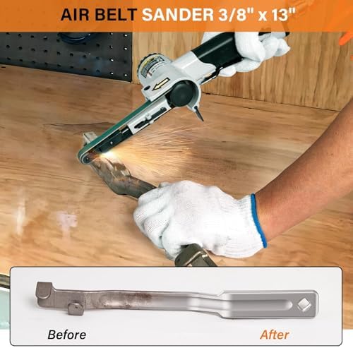 3/8" x 13" High-Performance Pneumatic Sander for Metal Deburring Handheld Pneumatic Belt Sander with 3pc Sanding Belts (#40, #60, #80) Weld Polishing，Aluminum, Iron, Steel Finishing Tool