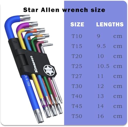 9 PCS Torx Allen Wrench Set Star Allen Key Tools Colored Star Key Set Precision Size Markings T10, T15, T20, T25, T27, T30, T40, T45, T50 for Bike and Household DIY Projects