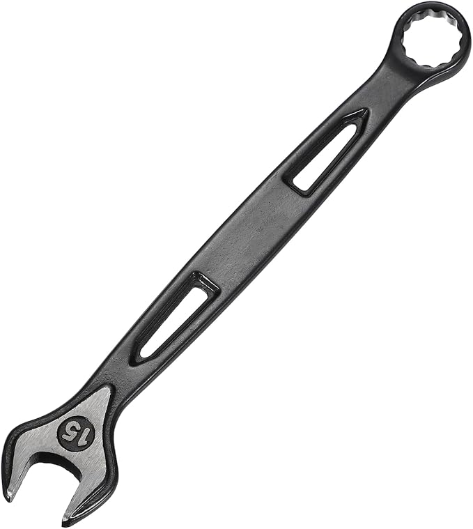 HARFINGTON Combination Wrench 15mm Metric Extra Long 12-Point Box and Open End Carbon Steel Double Ended Industrial Grade Spanner for Automotive Furniture Machinery DIY Repair, Black