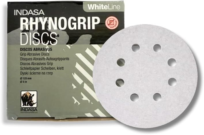 Indasa Rhynogrip White Line 5 Inch Sanding Discs, 8-Hole Hook & Loop – Aluminum Oxide, Random Orbital, Vacuum Compatible – 55 Series (50 Pack) (5 Inch, 180, Fine)