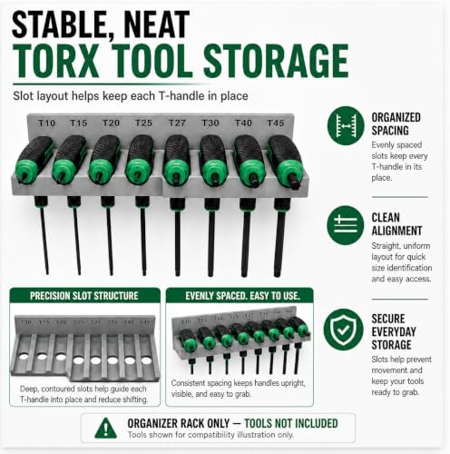Magnetic T-Handle Hex Key Organizer Rack - Wrench Organizer for Garage, Tool Cart, or Workshop – Compatible with Toolboxes and Storage Systems - sae/metric/torx (Torx)