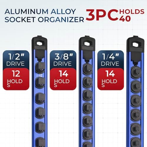 Reniteco Magnetic Socket Organizer Set, 3-Piece 1/2" 3/8" 1/4" Drive Aluminum Alloy Socket Holder with 40PC 360° Swivel Removable Clips, Magnetic Socket Rail for Tool Box Drawer, Blue