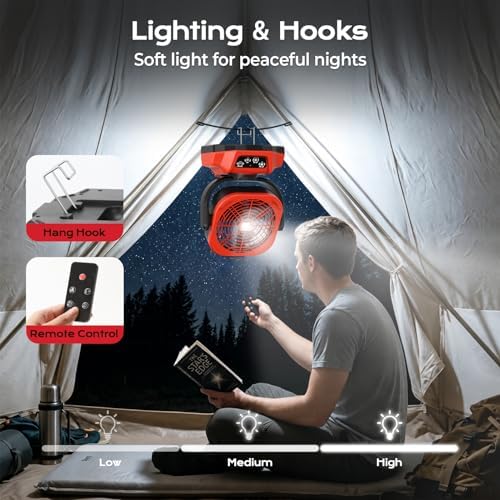 Battery Operated Fan for Milwaukee M18 battery, Camping Fan with USB A/C & LED Lights, 4 Speeds & Remote Control, Portable/Cordless/Battery Powered fan, for Outside, Jobsite (Battery Not Included)