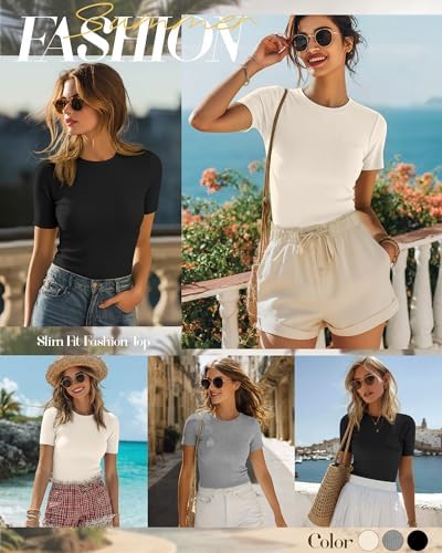 Ficerd 3 Pack Women's Ribbed Short Sleeve T-Shirts