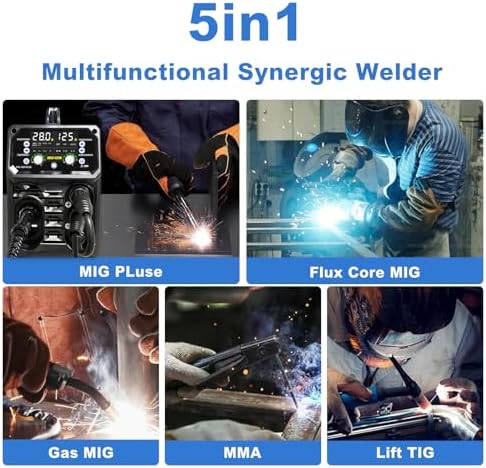 200A Aluminum Pulsed MIG Welder,5 in 1 Welder Machine Pulse MIG/Gas MIG/Gasless Flux Core MIG/Stick/Lift TIG/110v/220v Dual Voltage Large LED Display with 2T/4T Synergic Multiprocess Welding Machine