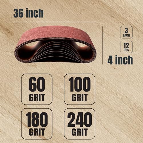 POWERTEC 12PK 4x36 Sanding Belts, 3 Each of 60/100/180/240 Grits Aluminum Oxide, 4 x 36 Inch Sanding Belts for Benchtop Belt and Disc Sander, Belt Sandpaper for Woodworking, Metalworking (11011-4)