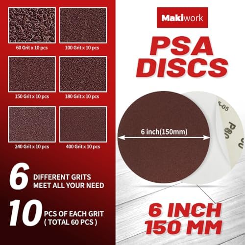 60 PCS 6 Inch PSA Sanding Discs, Assorted 60–400 Grit Aluminum Oxide Self Adhesive Sandpaper Discs for DA Sander, Automotive Paint Sanding, Woodworking & Metal Surface Prep