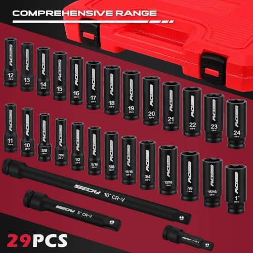 29-Piece 1/2" Drive Impact Socket Set & 7-Piece 3/8" Spark Plug Socket Set with Magnetic Guide Rail – Master SAE & Metric Deep Sockets, Extension Bars & Storage Case Combo