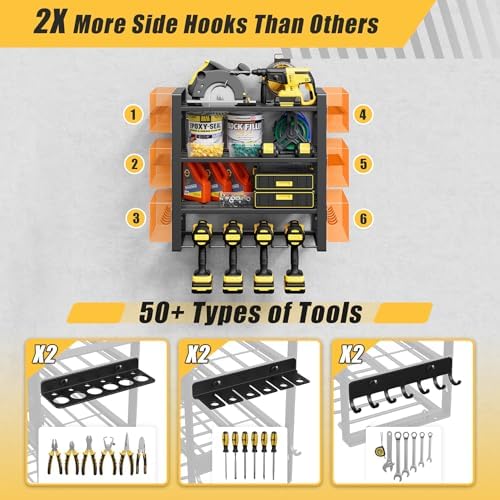 4-Tier Power Tool Organizer Wall Mount, 200LBS Capacity, 4 Drill Holders
