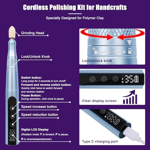 Polymer Clay Polishing Kit,Electric Clay Drill,Cordless Rotary Tool Kit,35-Speed Adjustable,Jewelry Making Kit,79pcs Clay Tool & Accessories for Polymer Clay Molds, Drilling,Sanding,Grinding