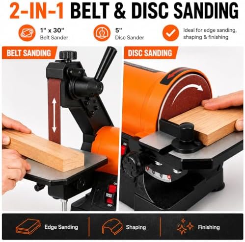 1x30 Inch Bench Belt Disc Sander, Benchtop Belt Sander with 5 Inch Disc, Adjustable Work Table, Quick Release Belt Change, Dual Dust Ports & Miter Gauge for Woodworking Metal Sanding