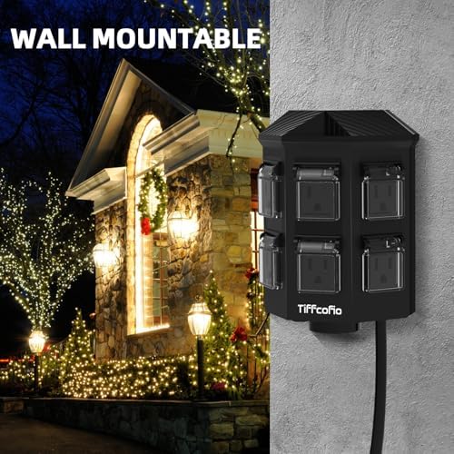 TiFFCOFiO Outdoor Power Strip Weatherproof, 50 FT Extension Cord with Power Stake, 6 Grounded Outlets for Outdoor Lights, 15A/1875W, ETL Listed