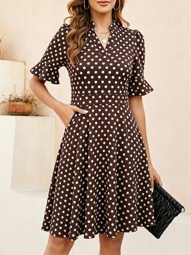 Mokayee Womens Summer V Neck Ruffle Short Sleeve Fit and Flare Knee Length Church Wedding Guest Dresses with Pockets