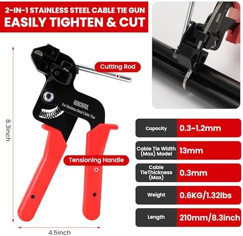 Stainless Steel Cable Tie Gun Set Metal Zip Tie Tool Kit (Red)