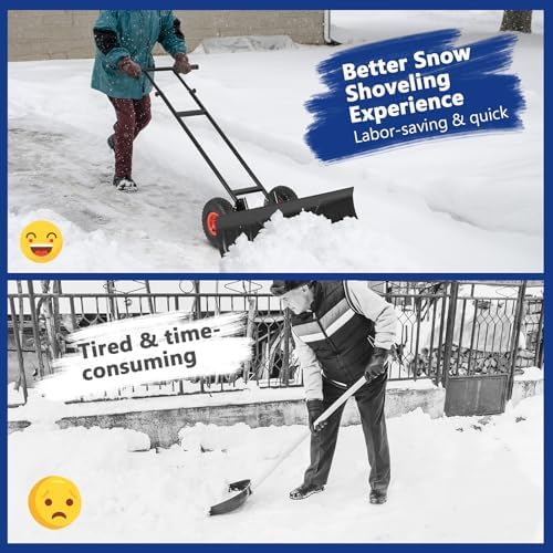 Moccha 36” Wide Snow Pusher - Heavy-Duty Efficient Snow Shovel with Wheels, 7-Position Angled Blade, Ergonomic Handle for Snow Removal, Back Saver Snow Plow Shovel for Driveway and Sidewalks