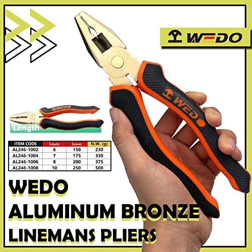 WEDO Non-Sparking Lineman's Pliers 7", Spark-free Safety Side Cutter Linemans Pliers, Combination Pliers, Wire Stripper, Crimper, DIN Standard, BAM & FM Certificate, Aluminum Bronze