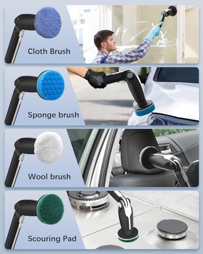 Leebein Electric Spin Scrubber, Shower Scrubber with 4 Adjustable Angles and 8 Brush Heads, Electric Scrubber with Long Handle & Remote Controller, Cleaning Brush for Bathroom, Tub, Floor (Black)
