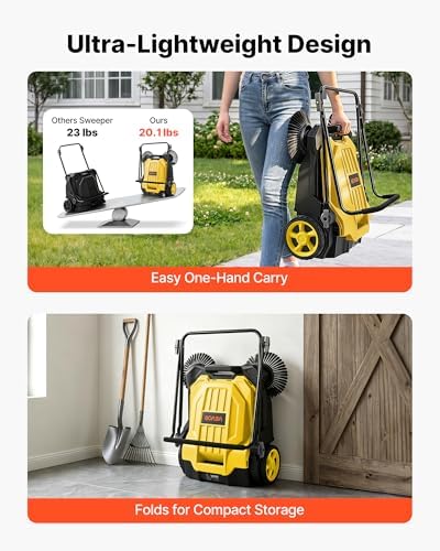 VEVOR Walk-Behind Hand Push Floor Sweeper, Manual Floor Sweeper Non-Electric with 25.6" Sweeping Width, 5 Gallons Waste Container & Adjustable Folding Handle for Yards Walkways Patios Garages - Yellow