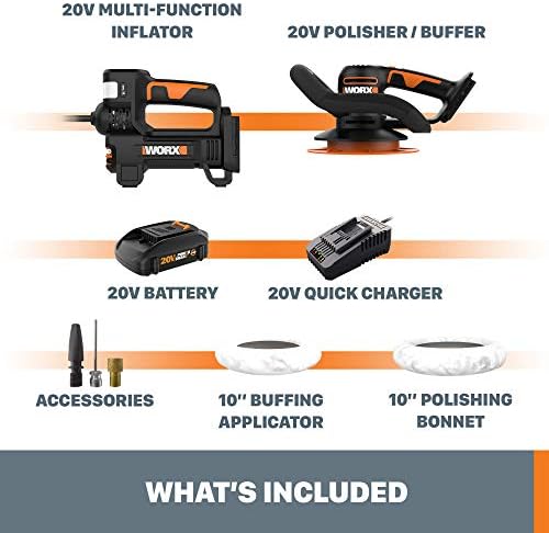 Worx WX092L 20V Power Share Cordless Inflator and WX856L 20V Power Share Orbital Buffer/Polisher