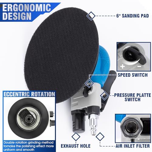 6" Air Sander Kit - Garage-Ready Dual Action Tool, Car Detailing & Woodworking Hero | Palm-Sized Power w/Free Tool Kits