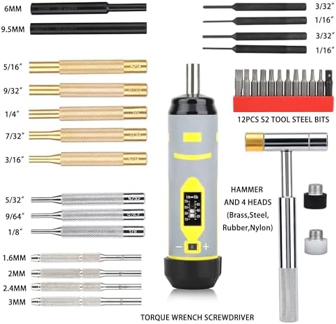 Torque Screwdriver &Brass and Steel Pin Punches and Hammer set | Elite Gunsmithing Tools Absolute Combo for Gun Maintenance, Scope Mounting, DIY, with S2 Bits
