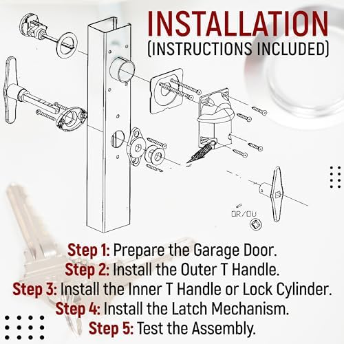 Garage Door Lock Kit, T Handle Lock Cylinder with Key, Garage Door Opener, Garage Replacement Parts