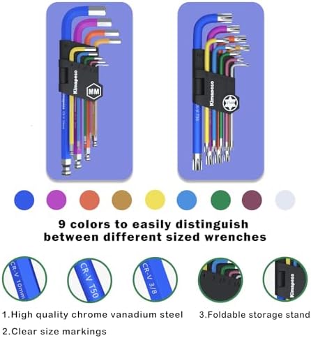 18 PCS Allen Key Set Torx and Metric Allen Wrenches Set Long Arm Ball End with T-Handle L-Hex Key Set Metric Hex Key Set 1.5 to 10mm Torx Star Key Set T10 to T50