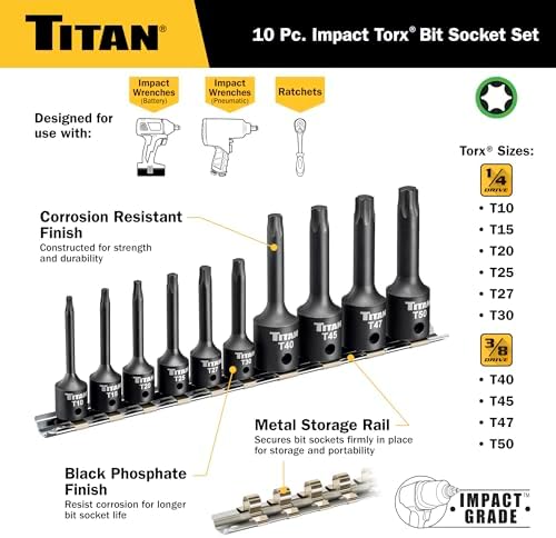 Titan 49007 10-Piece Impact Torx Bit Socket Set, Sizes T10 thru T50, S2 and 6150 Alloy Steel, Extra-long Design for Greater Reach and Access, Metal Storage Rail