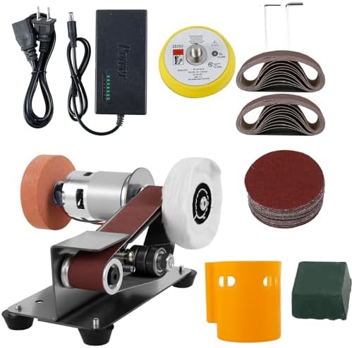 Mini Belt Sander, 15° Electric Knife Sharpener Bench Grinder Sanding Machine, 7 Adjustable Speed Electric Belt Grinder, Low Noise Cutter Sharpener Sander, Polishing Grinding Machine for Metal Jewelry