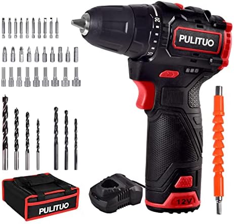 PULITUO Brushless Electric Drill Set,[Brushless Motor],12V Power Drill 310 In-lb Torque, 20+1 Clutch, 3/8" Keyless Chuck,45min Fast Charger, 2 Speed, LED Light for Home and DIY Project
