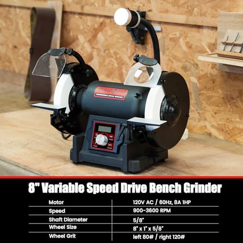 BUCKTOOL 8" 1HP VFD Variable Speed Bench Grinder,Wobble Free Wheels