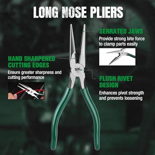 SK Tools USA 5-Piece Pliers Set, Clamping & Cutting Pliers, Roll-Up Pouch | 6" Slip Joint Pliers, 7" & 10" Groove Joint Pliers, 8" Long Nose & Angled Diagonal Pliers, High Carbon Steel, Padded Handle