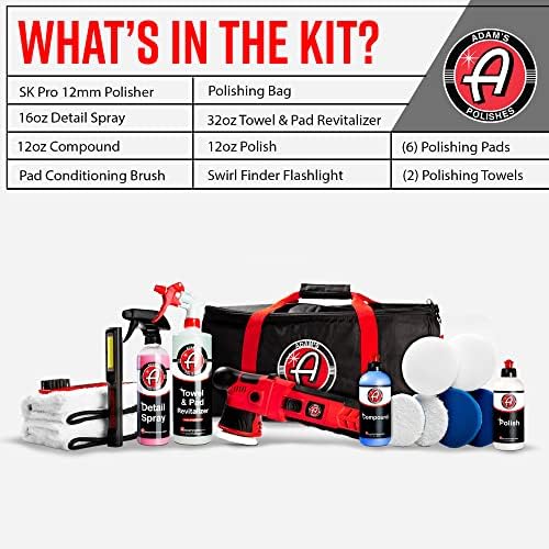 Adam's 12mm SK Pro Car Polisher Kit (16 Item) - Professional Buffer Polisher for Car Detailing & Scratch Repair - Includes Microfiber Towels, Polish, Compound, Pads, Tools, Carry Tote, & More