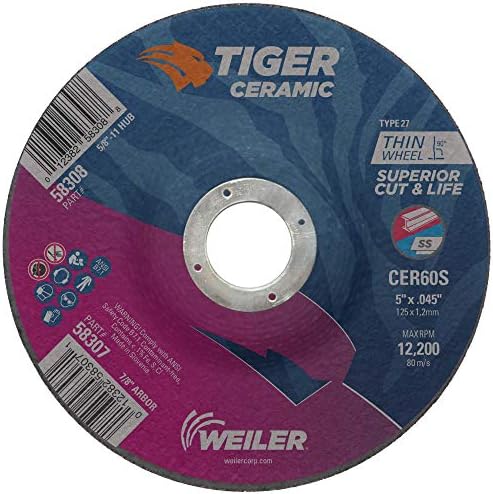 Weiler 58307 5 Inch Cutting Wheel, Tiger Ceramic Stainless Steel Superior Life & Cut Contaminant Free Max Performance Cutting, .045" CER60S Type 27 7/8" Arbor, Pack of 25