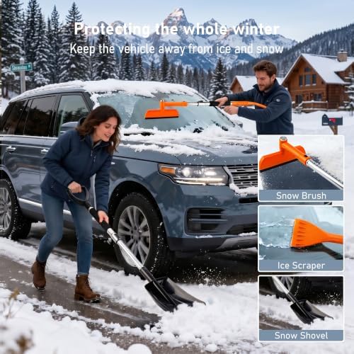 COCCKO 47.6" Car Snow Brush and Ice Scraper, 3-in-1 Heavy Duty Extendable Snow Shovel with 360° Rotating Silicone Brush Head, Durable Snow Removal Tool for SUV Truck(Tangerine)