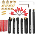 Indexable Lathe Turning Tool 21Pcs Kit 1/2'' 12mm Shank 7Pcs Carbide Turning Tool Holders with 14Pcs Tin Coated Turning Inserts Metal Lathe Tool Holder Set for Turning Grooving Threading Boring