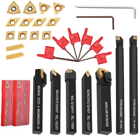 Indexable Lathe Turning Tool 21Pcs Kit 1/2'' 12mm Shank 7Pcs Carbide Turning Tool Holders with 14Pcs Tin Coated Turning Inserts Metal Lathe Tool Holder Set for Turning Grooving Threading Boring