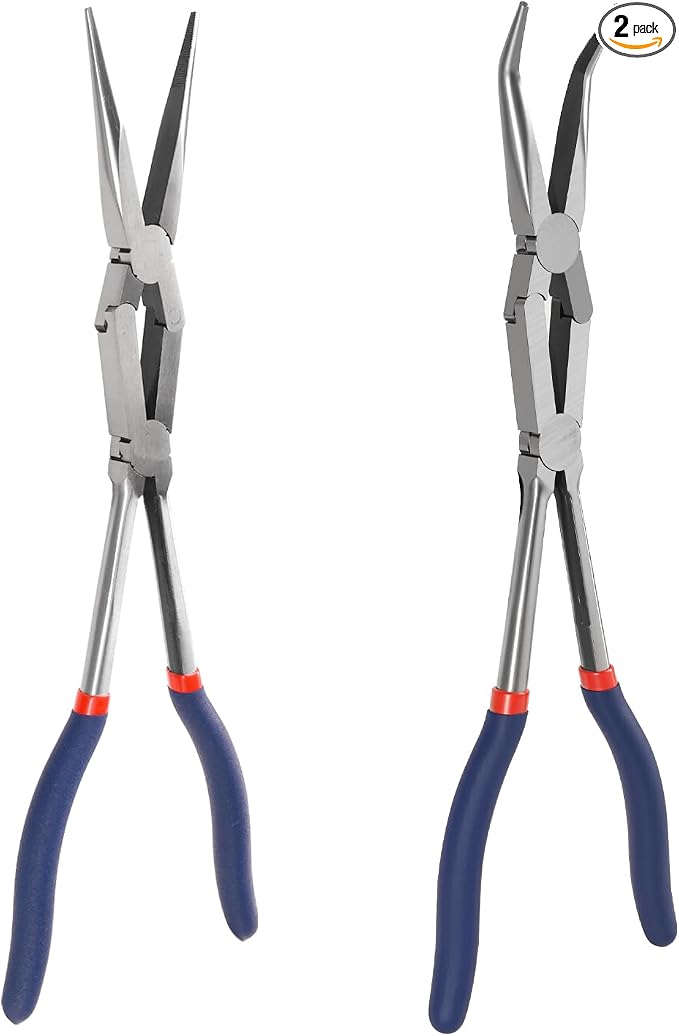 13” Long Needle Nose Pliers Set, Double Rivet, Knurled Jaws, Bent 45°and Straight Needle Nose, 2-Piece, Extended Reach for Tight Spaces (2-Piece（Straight +45°）)
