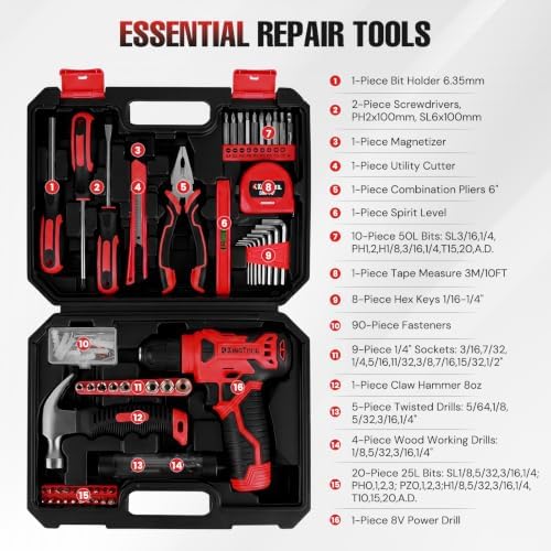 KingTool 156-Piece Red Tool Kit, 8V Cordless Drill for Home Repairs & DIY