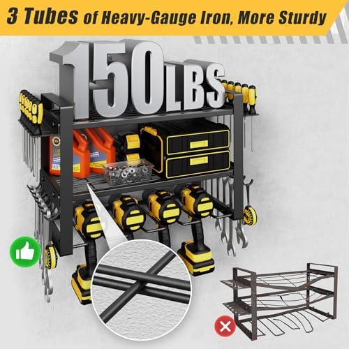 Power Tool Organizer Wall Mount, 150LBS Capacity, 3 Tier, 4 Drill Holders