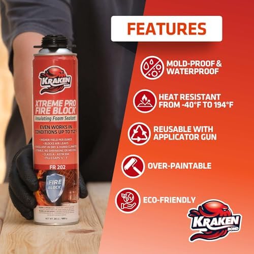 Kraken Bond Xtreme Pro Fire Block Expanding Foam Sealant (2x24oz), Professional Polyurethane Insulating Foam with Fire Block Technology, High Heat Resistant and Waterproof, Gun Not Included – 2 Pack