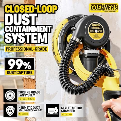 Drywall Sander, Electric Drywall Sander with Vacuum, Automatic Dust Removal, 7 Variable Speed, 900-1800RPM, 26’ Power Cord, Labor-Saving Handle and Patented Fixture for Ceiling Sanding, LED Light