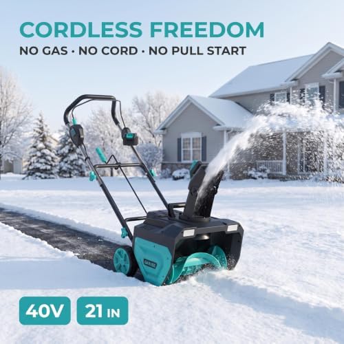 Garvee Snow Blower - Brushless Motor 21" Width 180° Rotating Chute Walkways Driveways Snow Thrower Blaster Dual LED Lights (21 Inch & 2 * 5.0Ah Batteries)