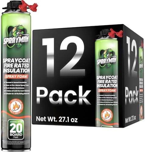 Sprayman Spraycoat Fire Rated Spray Foam Insulation 240 Sq.Ft - R-Value (11.32 / 2in) Closed Cell Polyurethane Foam Sealant for Heat & Noise Insulation - Gun & Cleaner NOT Included - 27.1 oz, 12 Pack