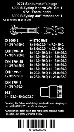 Wera 05150111001 9721 Foam Insert 8000 B Zyklop 3/8" Ratchet Set 1, 23 Pieces