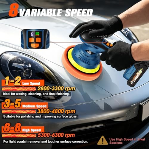 Cordless Car Buffer Polisher, 8-Speed, 2*21V 2000mAh Batteries