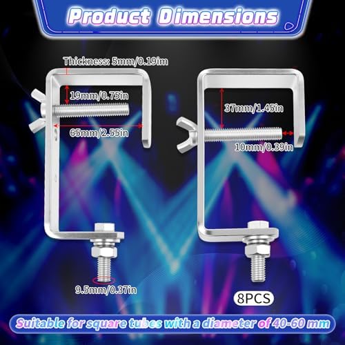 Zonon 8 Pack Square Tube Truss Clamp Hook, Heavy Duty Stage Light Clamp for Square Truss 40-60mm OD, Galvanized Iron DJ Light Holder for Moving Head Par Spotlight, 88 Lbs / 40kg Load (Silver)